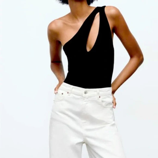 Zara Black One Shoulder Cut Out Bodysuit - Large