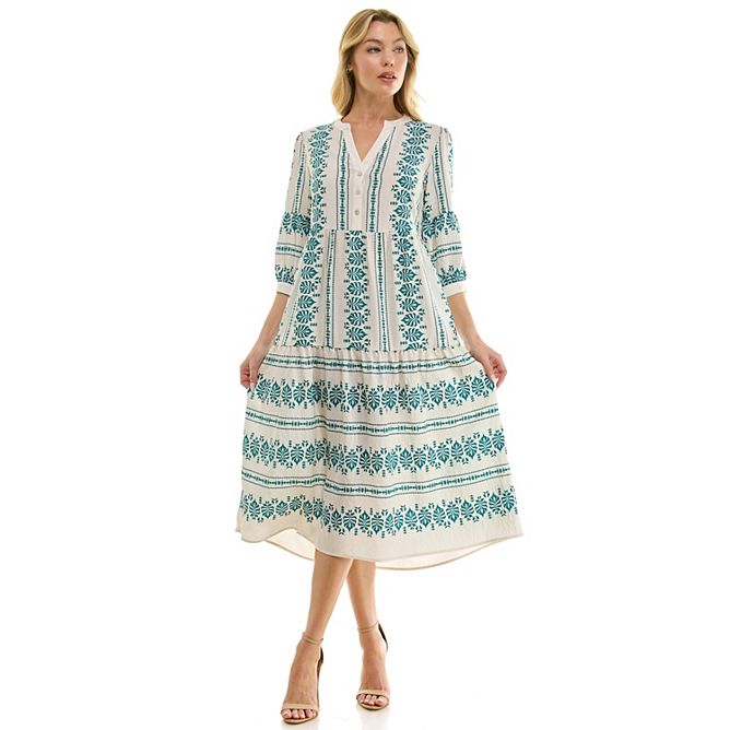 Figueroa + Flower Cream and Green Floral Midi Dress - Medium