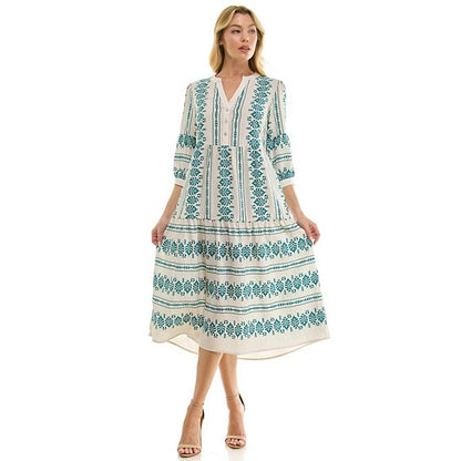 Figueroa + Flower Cream and Green Floral Midi Dress - Medium