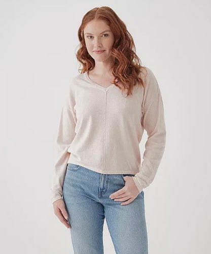 Pact Fine Knit Relaxed V-Neck Sweater in Wheat Heather - Medium