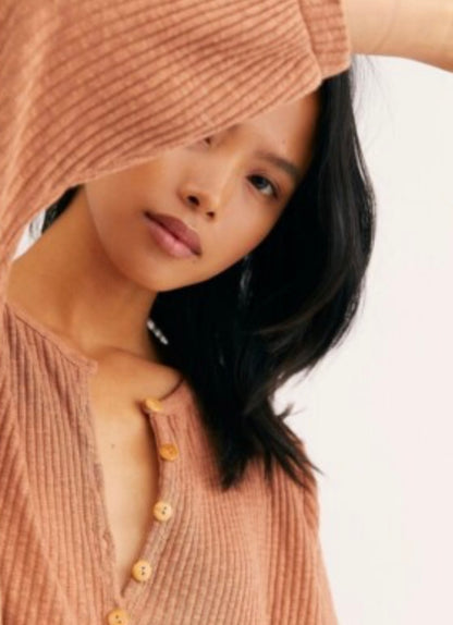 Free People Beach Blossom Button Up Tan Ribbed LS Dress - Medium