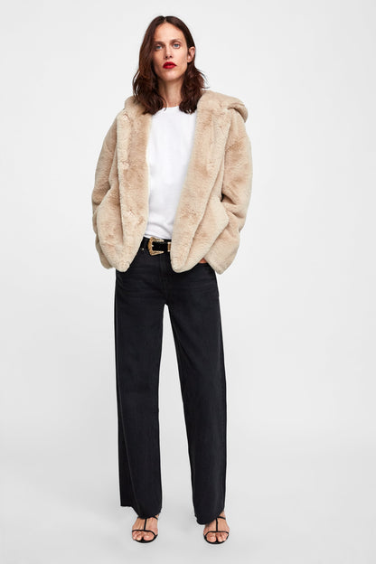 Zara Faux Fur Tan Hooded Jacket - Medium