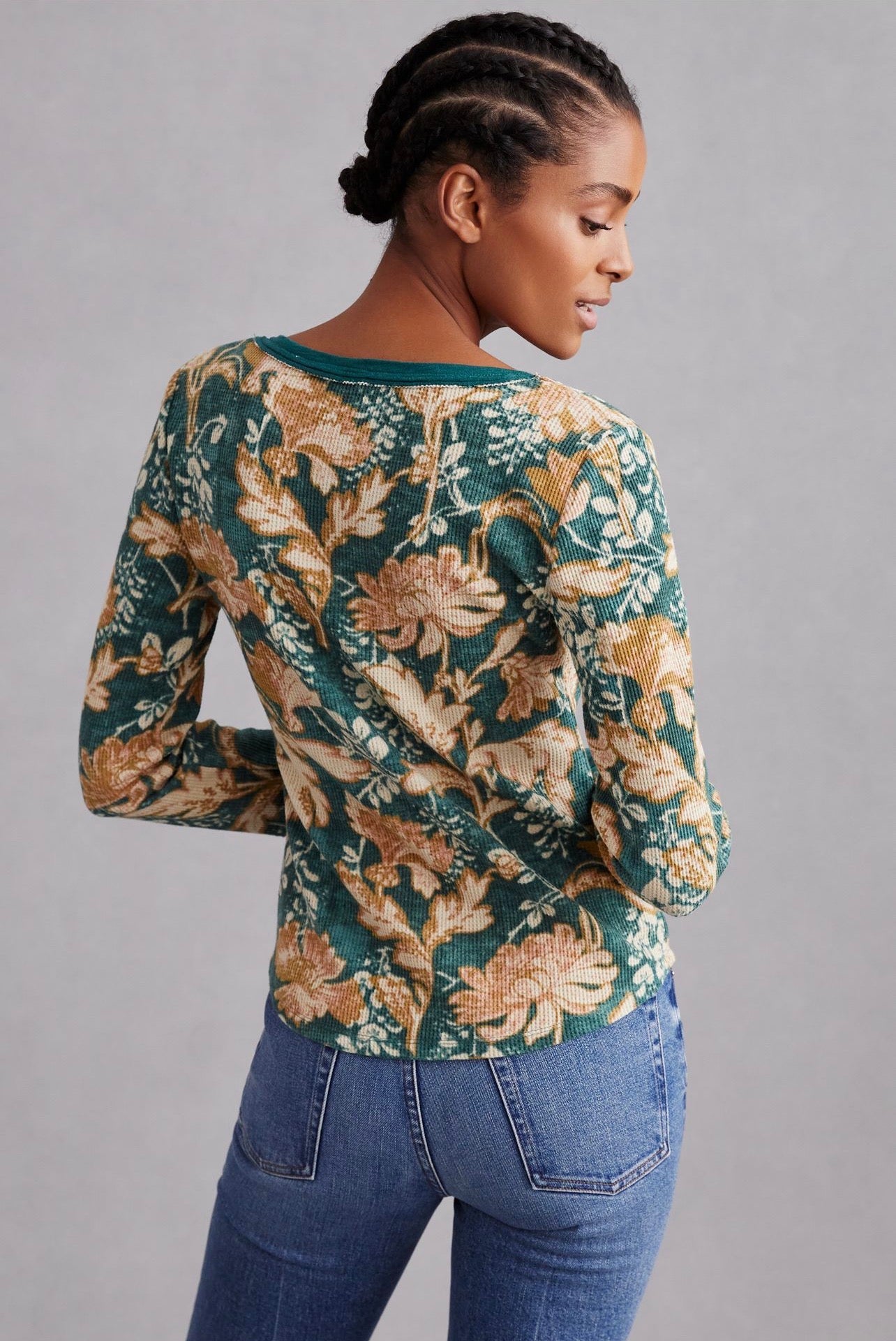 Anthropologie Pilcro Green Pattern Waffle Henley Top - Small