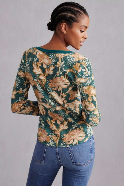 Anthropologie Pilcro Green Pattern Waffle Henley Top - Small