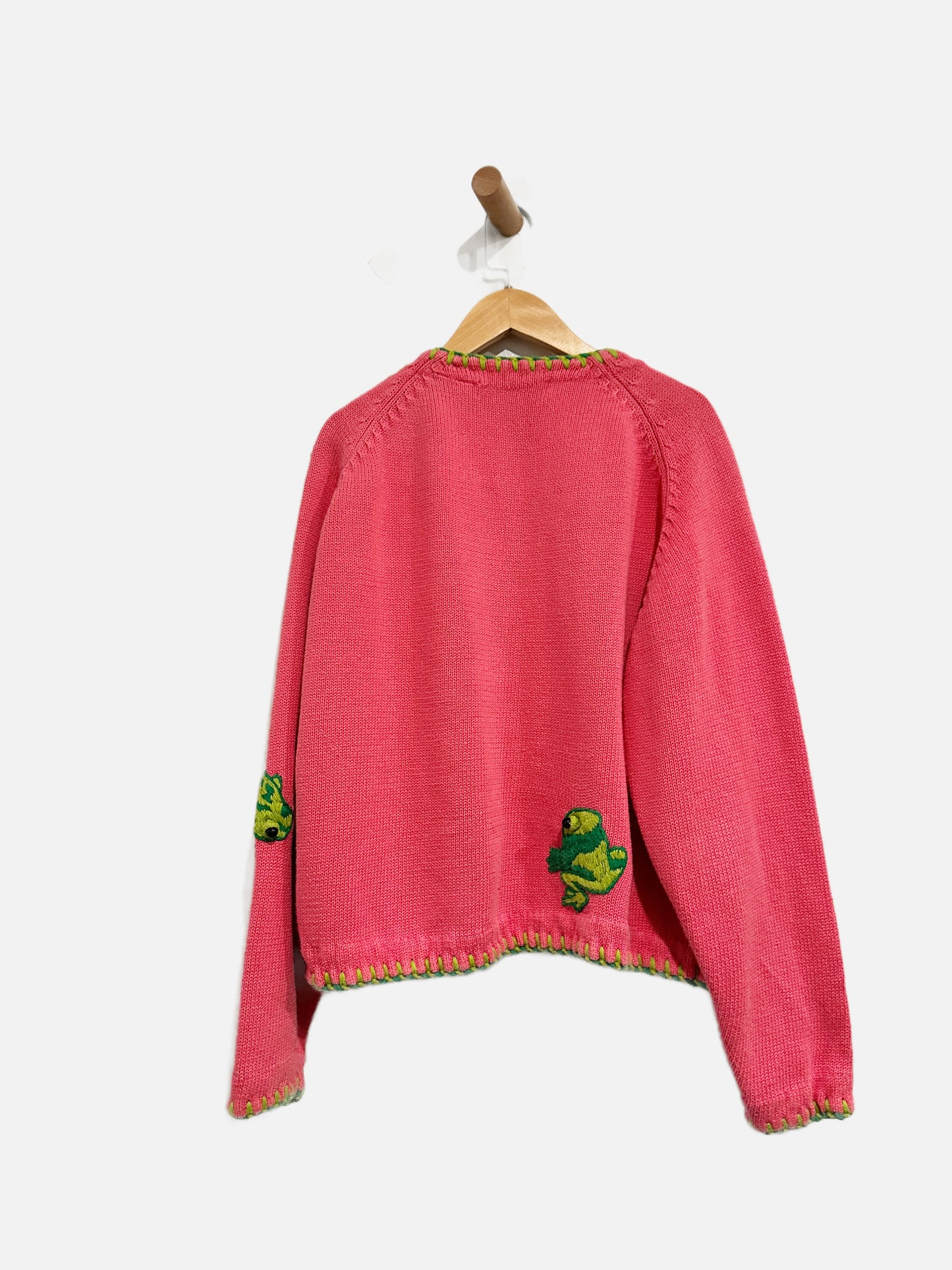 Vintage Michael Simon Pink Knit 3D Green Frogs Cardigan Sweater - O/S