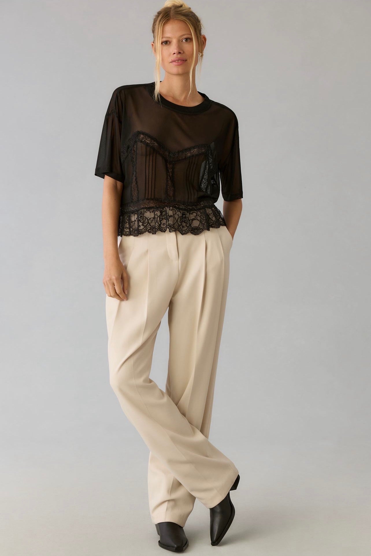 Anthropologie Dolan Black Short Sleeve Sheer Lace Top - Small