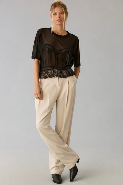 Anthropologie Dolan Black Short Sleeve Sheer Lace Top - Small