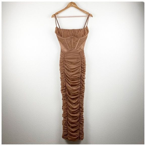 House of CB Lillian Corset Ruched Maxi Dress Mocha Size XS