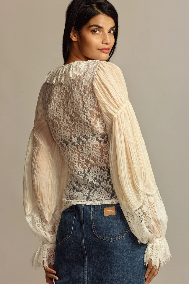 Anthropologie Wide-Sleeve Sheer Lace Top in Ivory - Medium
