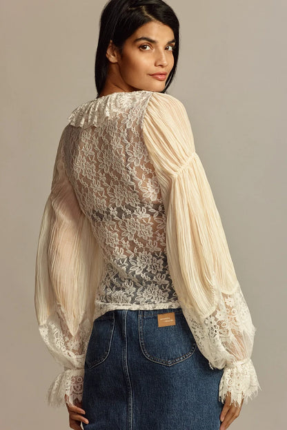 Anthropologie Wide-Sleeve Sheer Lace Top in Ivory - Medium