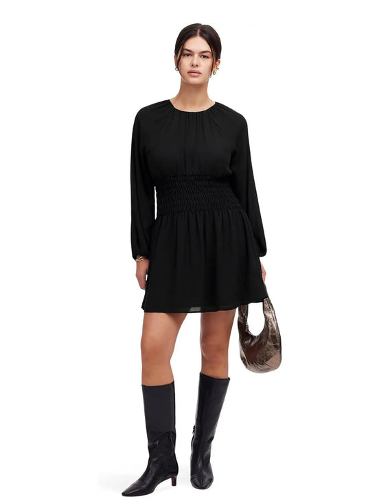 Madewell NWT Black Smocked LS Mini Dress - XXS