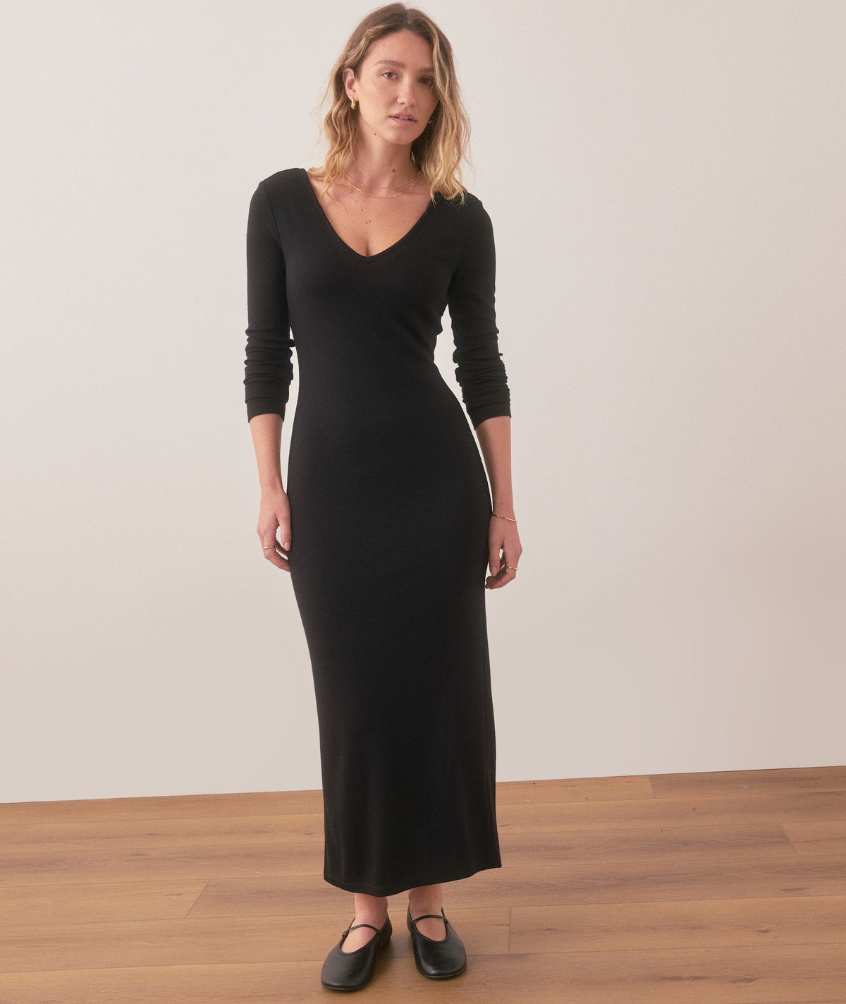 Marine Layer Lexi Rib V-Neck Maxi Dress in Black - Medium
