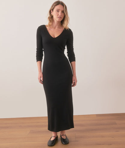 Marine Layer Lexi Rib V-Neck Maxi Dress in Black - Medium