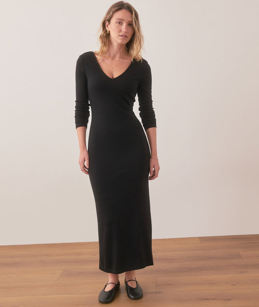 Marine Layer Lexi Rib V-Neck Maxi Dress in Black - Medium