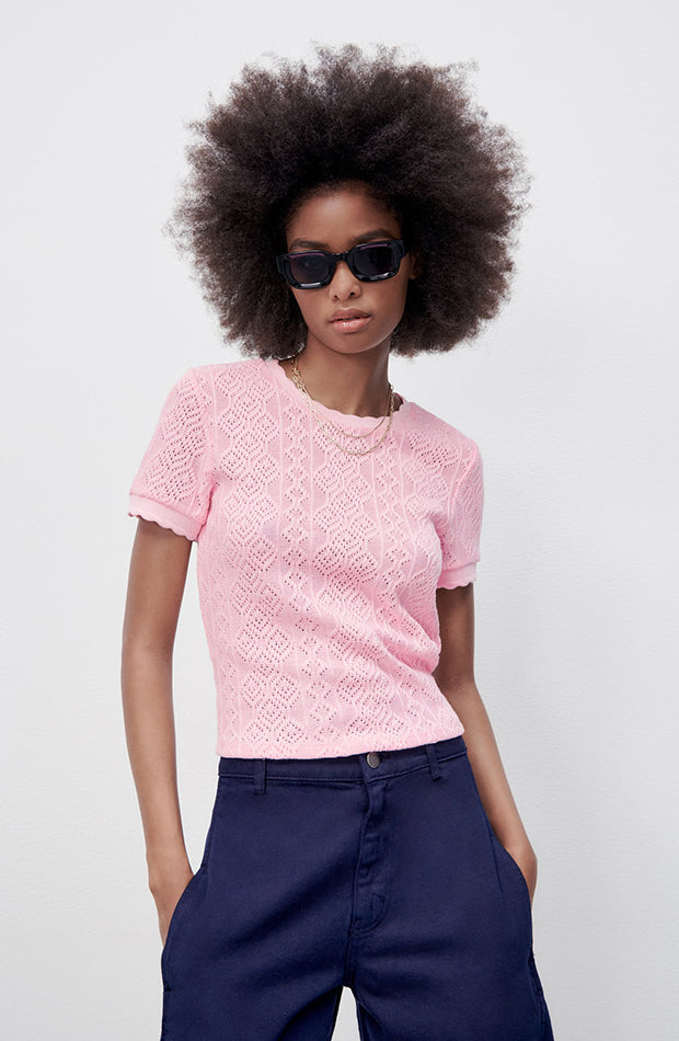 Zara Pink Knit Short Sleeve Top - Small
