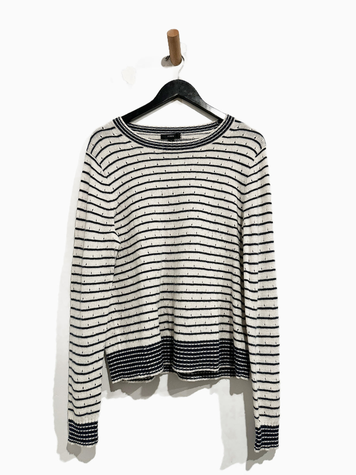 J.Crew White & Navy Stripe Pointelle Crewneck Sweater - Large