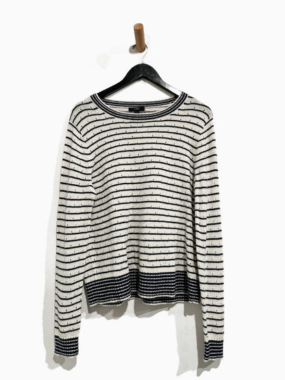 J.Crew White & Navy Stripe Pointelle Crewneck Sweater - Large