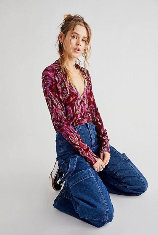 Free People Cherie Printed Top in Wine - Small
