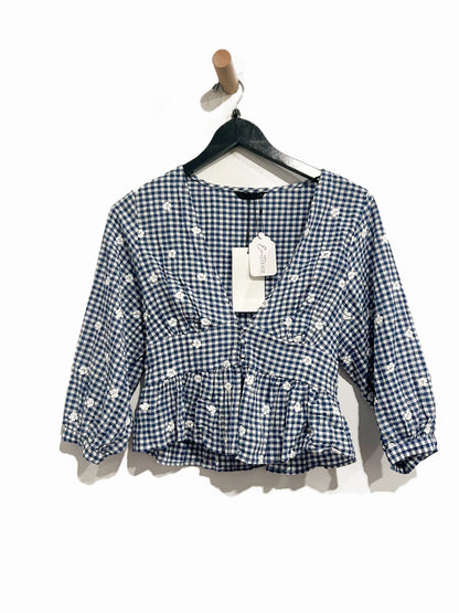 Zara Blue and White Gingham Floral Embroidered Button Front Blouse - Small