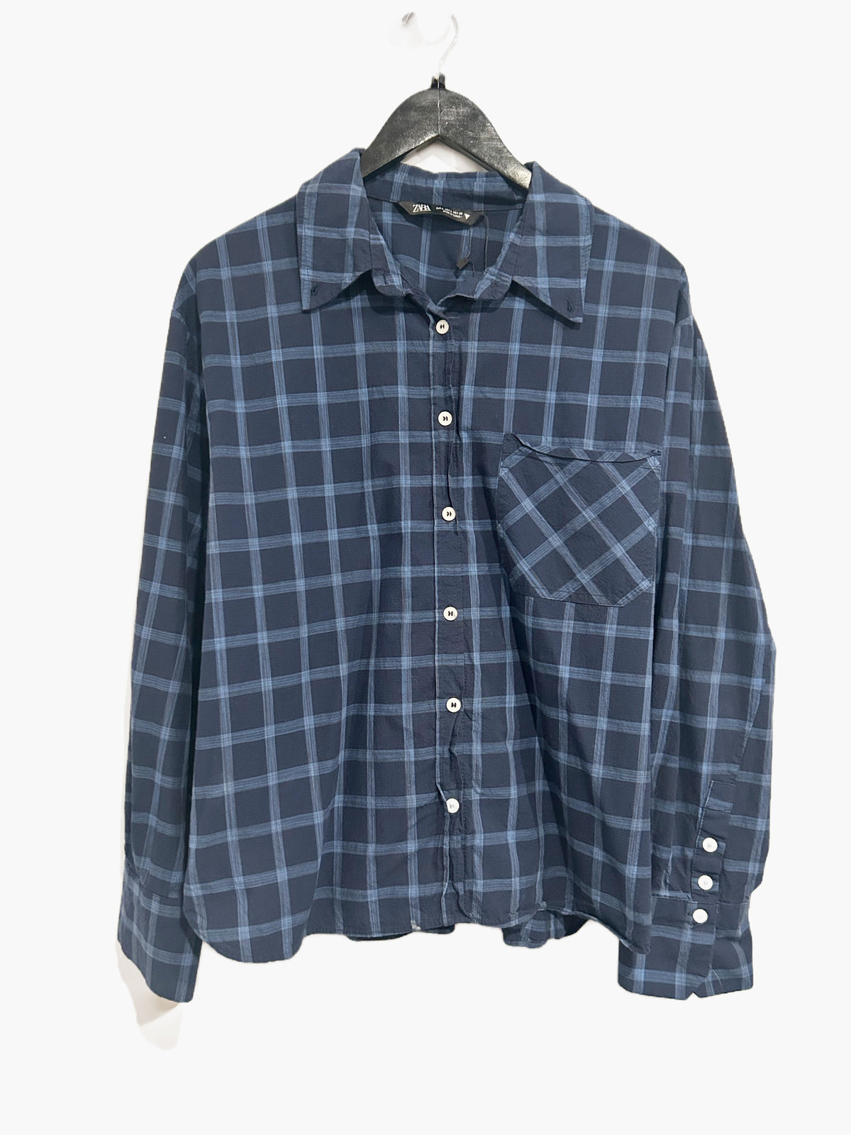 Zara Blue Plaid Check Poplin Shirt - Large