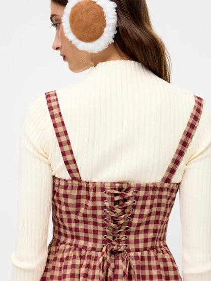 Cider Square Neck Gingham Dress in Wine - Large