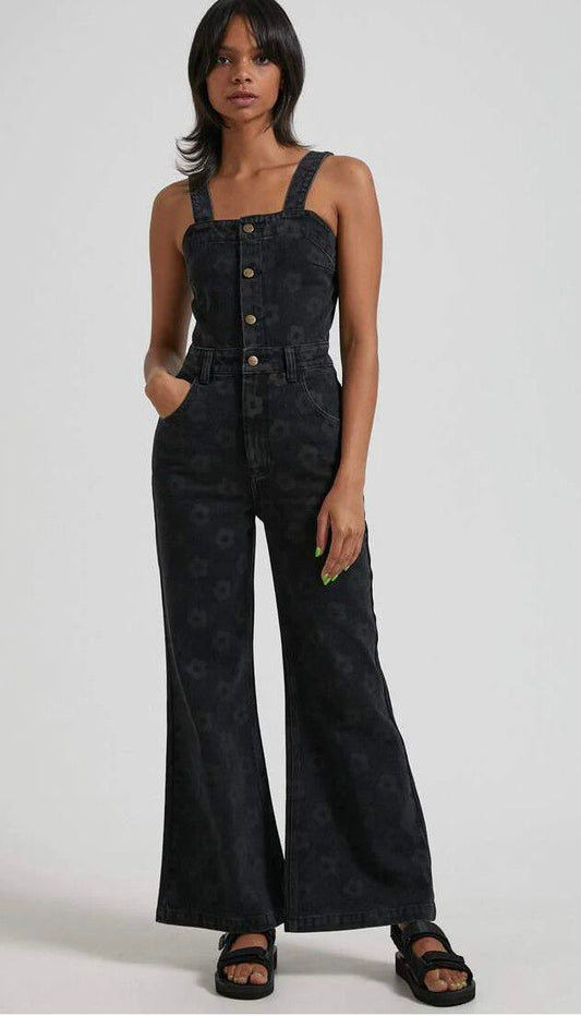 Afends Black Floral Denim Overalls - Large