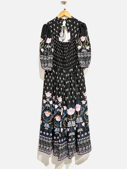 Anthropologie Dasha Black Floral Smocked Maxi Dress - Medium