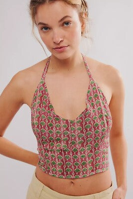 Free People Pink and Green Halter Top - Medium