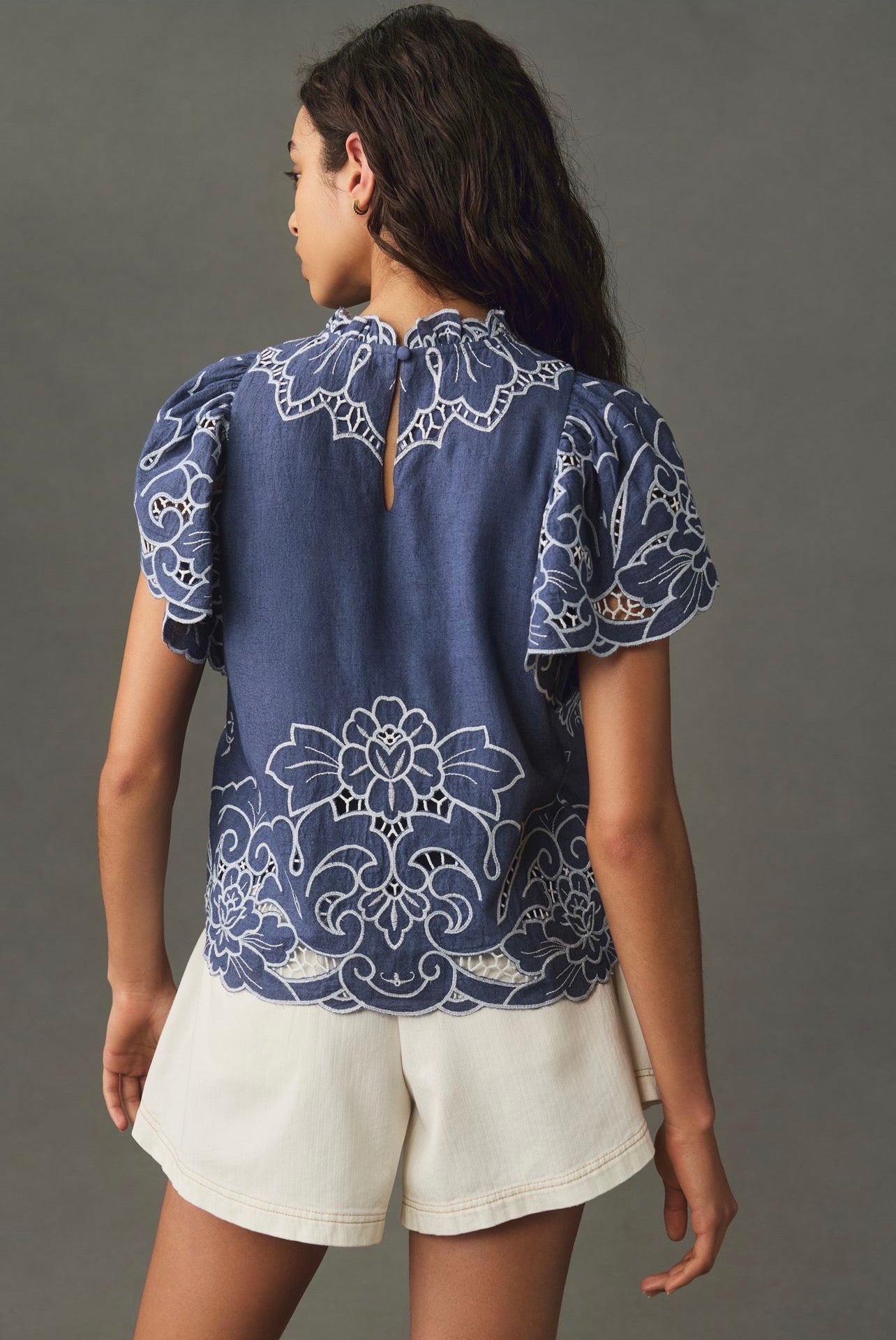 Anthropologie The Lainie High-Neck Lace Cutwork Blouse in Blue Pattern