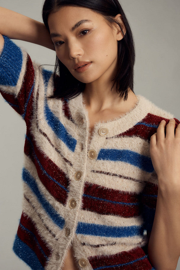 Anthropologie Maeve Short-Sleeve Fuzzy Cardigan Sweater in Blue Pattern - XS