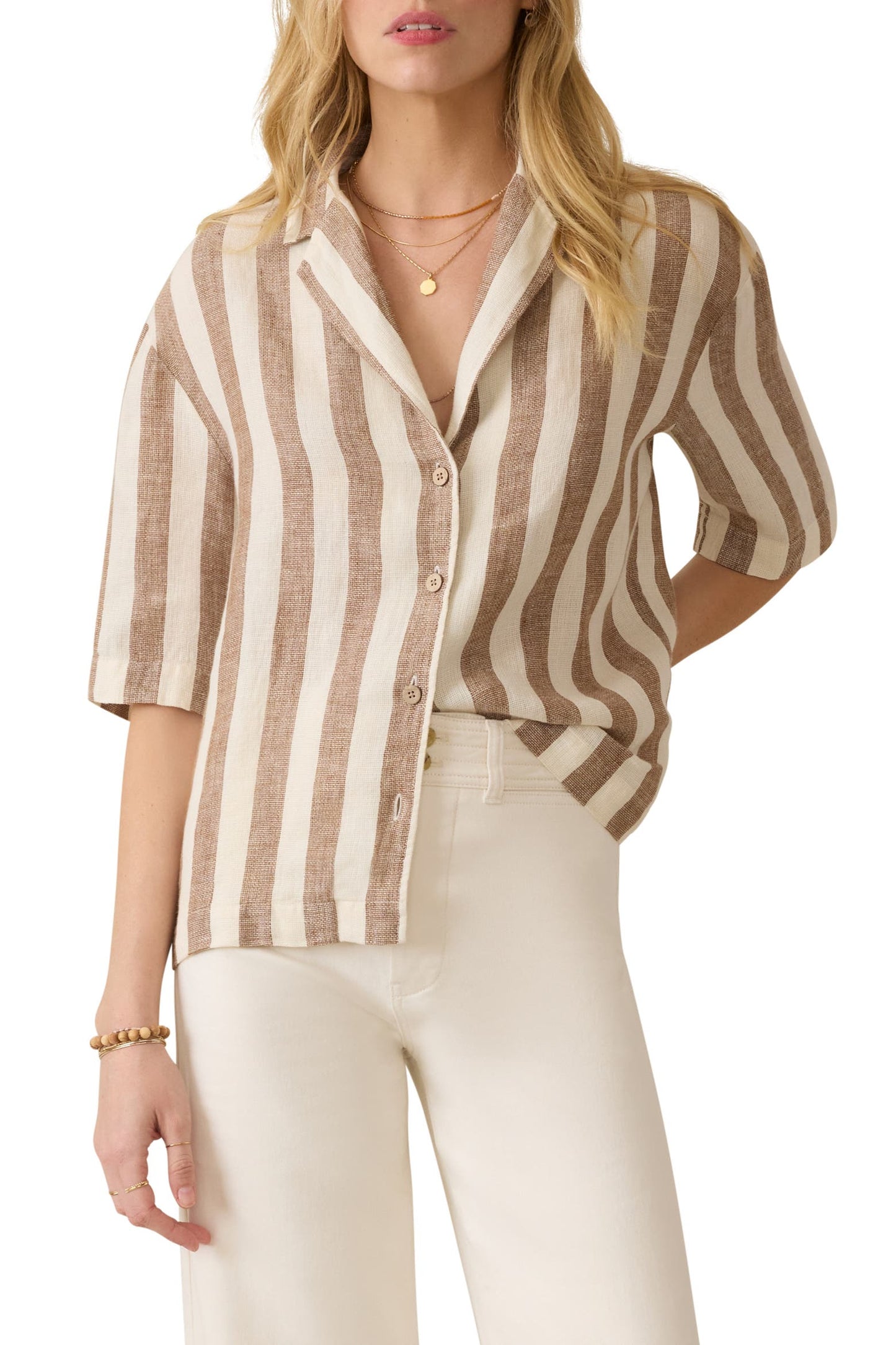 Faherty Palma Stripe Linen Camp Shirt in Cocoa Beach Stripe - XL