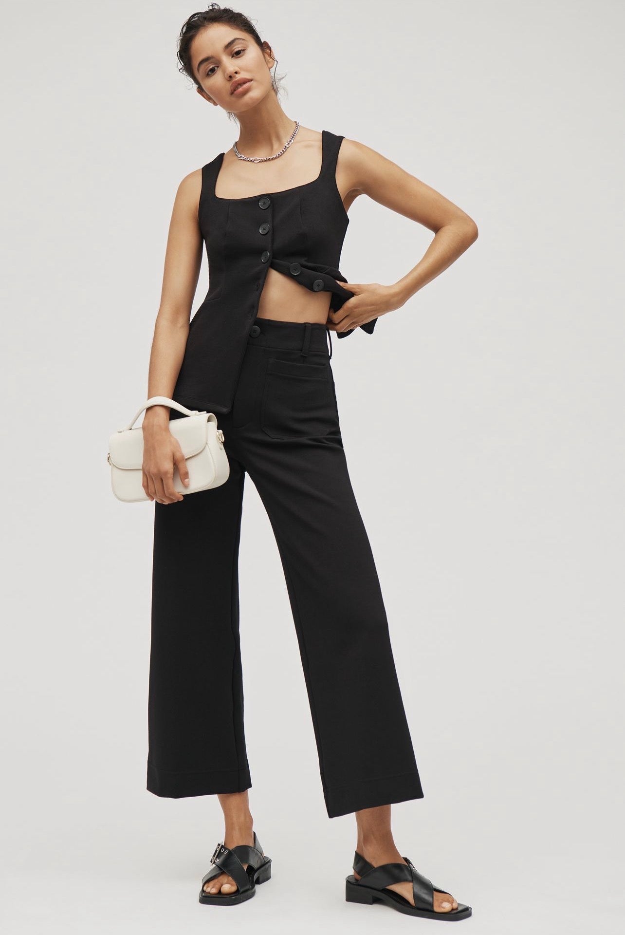 Anthropologie Maeve Colette Knit High-Rise Wide-Leg Cropped Pants in Black Onyx - 28