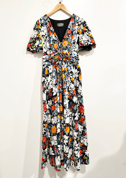 Anthropologie Black Floral Puff Sleeve Midi Dress - Small