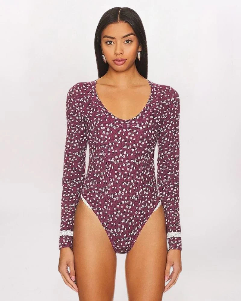 Free People Sugar Dreams Bodysuit in Wine Combo - Medium