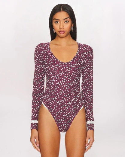 Free People Sugar Dreams Bodysuit in Wine Combo - Medium