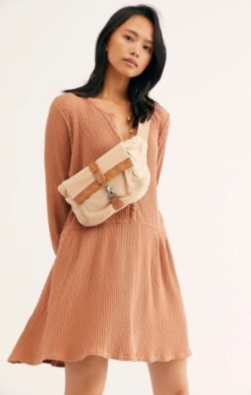 Free People Beach Blossom Button Up Tan Ribbed LS Dress - Medium