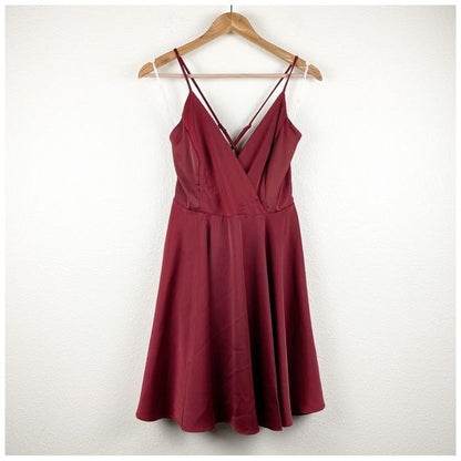 NWT Lulus Add Some Glam Wine Red Satin Tie-Back Skater Dress Size Large