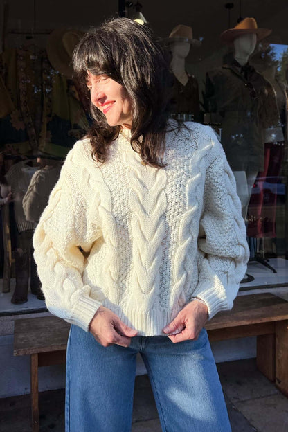 Wrangler White Wool Blend Cable Knit Sweater - Medium