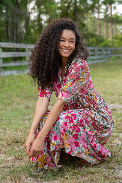 Natural Life Rebecca Midi Dress in Pink Vintage Floral - Medium