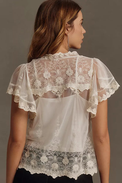 Anthropologie White Lace SS Blouse - Medium