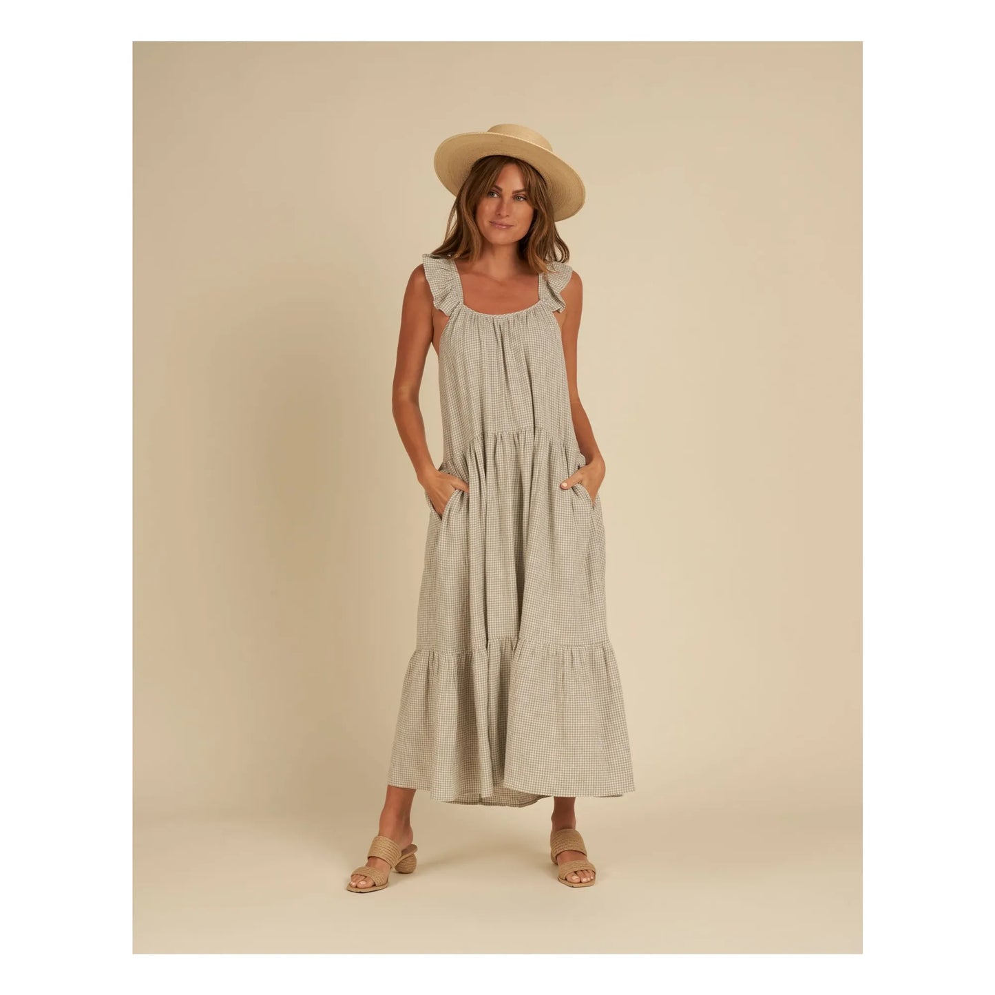 Rylee + Cru Green and White Gingham Midi Dress - Small