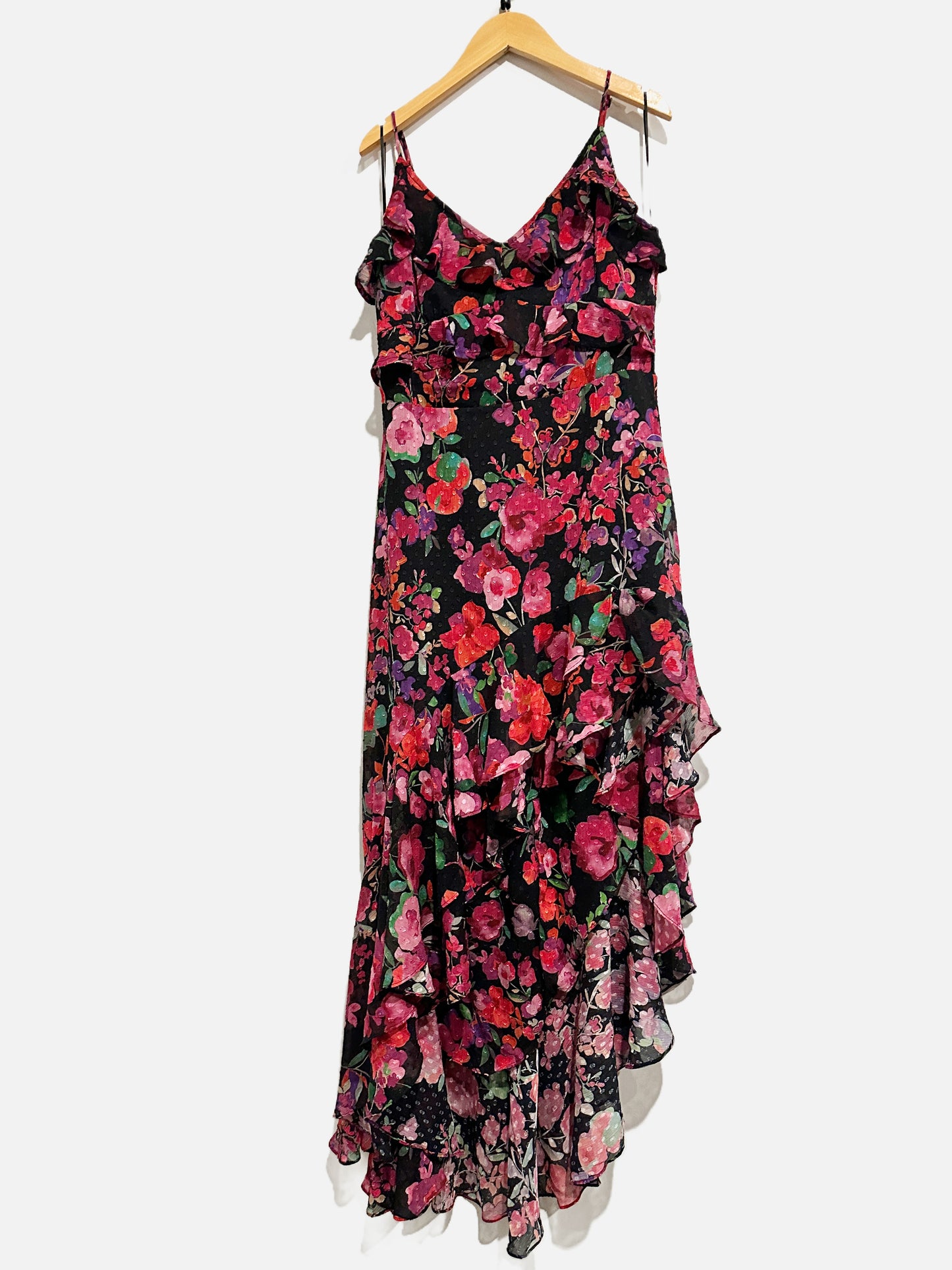 Line & Dot Black Floral Swiss Dot Asymmetric Midi Dress- Large