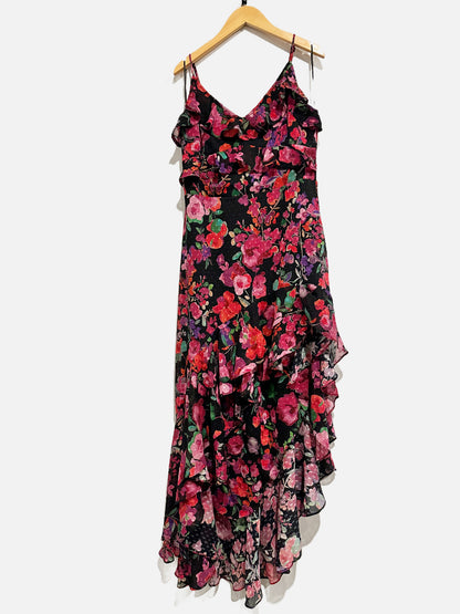 Line & Dot Black Floral Swiss Dot Asymmetric Midi Dress- Large