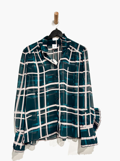 CAbi Cake Ruffle Green Plaid Blouse - Medium