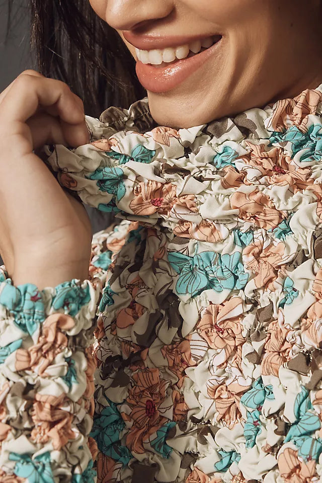 Anthropologie Dolan Left Coast Printed Pebble-Smocked Turtleneck Top - Large
