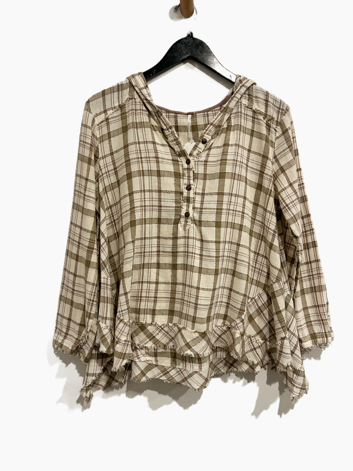 Free People Green and White Plaid Hoodie - Small