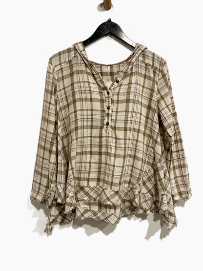 Free People Green and White Plaid Hoodie - Small