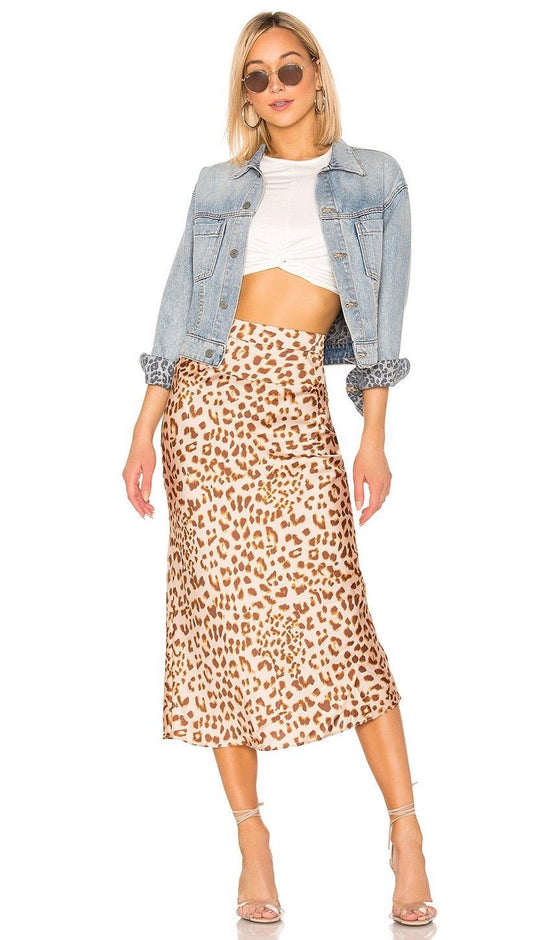 Free People Tan Leopard Print Satin Midi Skirt - 0