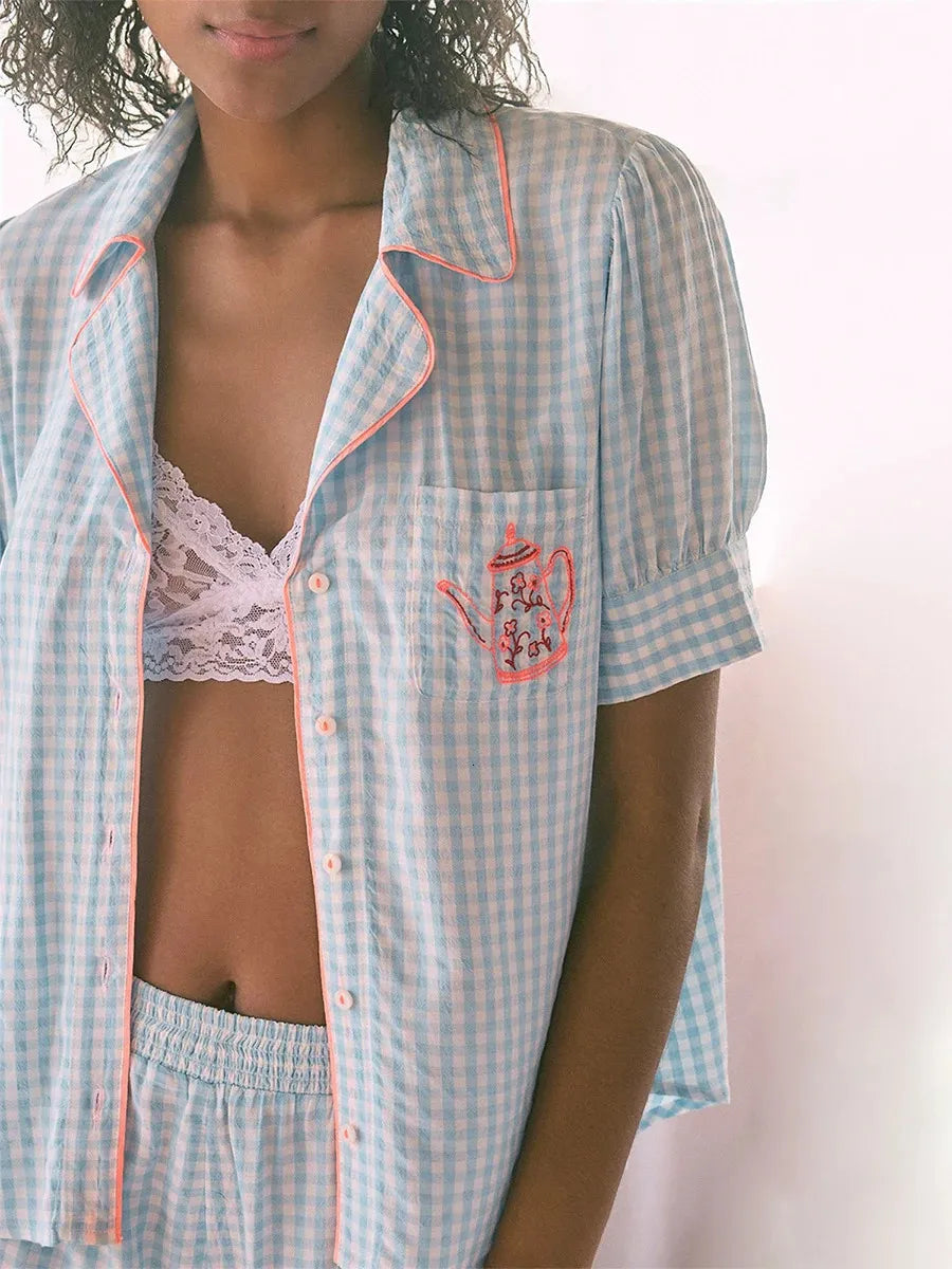 Anthropologie Blue and White Gingham Embroidered Teapot SS Button Down - Small