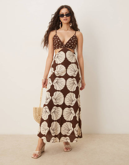 Abercrombie & Fitch Julia Slip Cutout Maxi Dress in Brown Print - Large